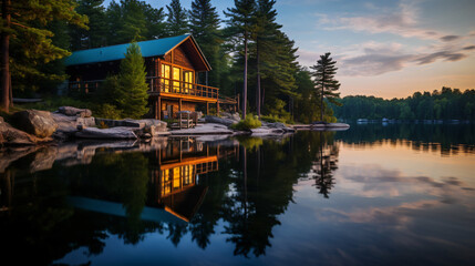 Fototapeta na wymiar A lake house sits on the shore of the calm water