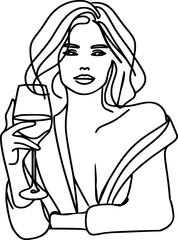 Line art woman holding glass of wine 