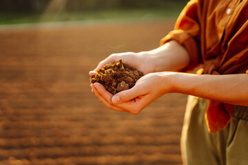 Farmer holding soil in hands close-up. Organic gardening, agriculture. Cultivated dirt, earth, ground, brown land background, nature. 