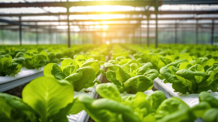 Green oaks lettuce in green house hydroponic farm. Healthy food concept. - obrazy, fototapety, plakaty
