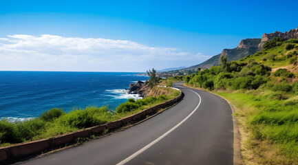 long road along to the ocean leading to the sea - paradise beach coast landscape - travel vacation promotion ad asset illustration