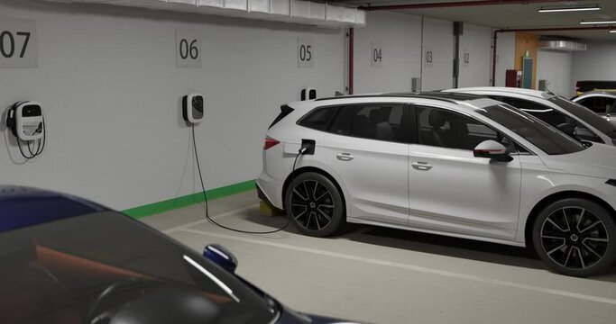 Generic electric crossover car connected to charging box. EV vehicle plugged in energy station, recharge battery at shopping mall or urban city house parking lot. 3D animation