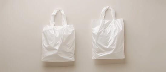 Two different white plastic bags, versatile, stylish, and durable, are hanging on a wall. The bags are neatly displayed against the wall, creating a simple yet functional storage solution.