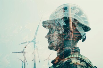 The double exposure image of the engineer standing back during sunrise overlay with wind turbine image.The concept of engineering, power,renewable,wind turbine electricity,environment and future.