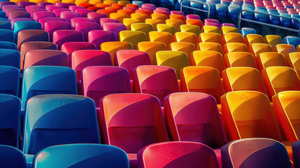 A detailed view of the vibrant patterned seats of an empty football stadium with morning light casting shadows symbolizing the quiet before the fans arrive Created Using pattern and color