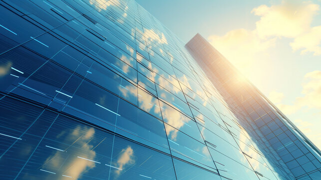 A close up on solar panels on the roof of a corporate building reflecting the sky and clouds symbolizing the companys commitment to renewable energy The building facade is