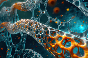 A microscopic view of a cutting edge material used in medical implants showcasing its nano structure and bio compatibility The background features a conceptual molecular model