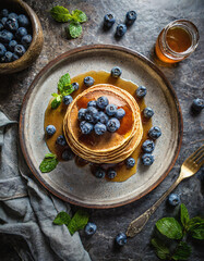 Obraz na płótnie Canvas Fluffige Pancakes mit süßem Ahornsirup und saftigen frischen Blaubeeren
