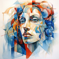 Cubist watercolor portrait with abstracted forms and multiple perspectives merging in a dynamic fragmented display