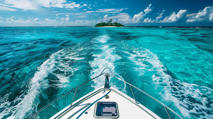 Luxury yacht cutting through crystal-clear sea waves, distant island on horizon, adventure travel.