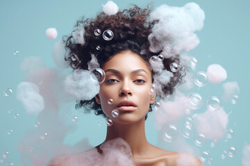 Young woman in soap foam with bubbles. Taking bubble bath with foam, hair and skin care, using shampoo or gel. Cosmetics and relax concept. Personal hygiene, skincare daily routine, pastel background