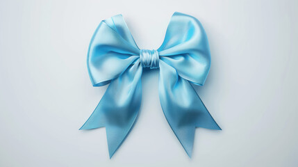 Elegant light blue satin ribbon bow on a white background.
