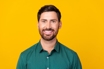 Portrait of good mood toothy beaming man with beard wear stylish shirt smiling healthy teeth isolated on vivid yellow color background - obrazy, fototapety, plakaty
