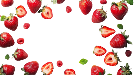 Frame of Group of Strawberries Flying Through the Air with copy space for text