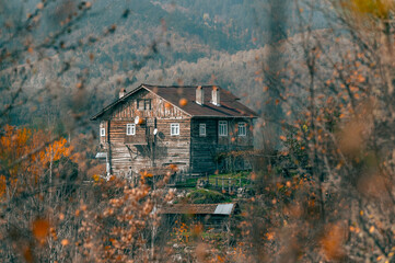 Kastamonu Kure Mountains Horma Canyon surroundings green and orange colors and bridges in autumn wooden village houses mystical air