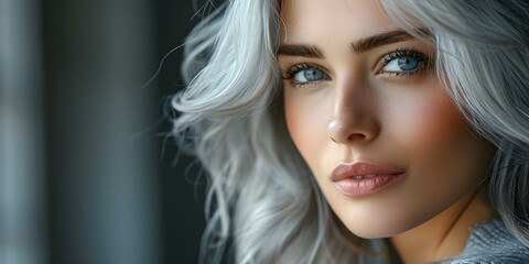 Fototapeta premium Close up of mature woman with elegant gray hair looking serene. Concept Portrait, Aged Beauty, Serenity, Close-up Shot, Gray Hair