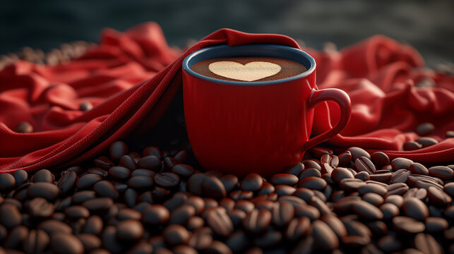 Fr&uuml;haufsteher mit Kaffeegenuss voller Liebe mit einem Herz im Milchschaum des Kaffee mit vielen Kaffeebohnen drumherum Generative AI