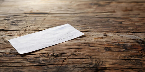 blank check lying on a wooden table, natural lighting from the left, detailed texture of paper and wood