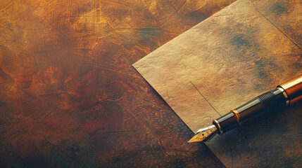 blank check with a vintage fountain pen resting on top, antique wooden desk background, warm...