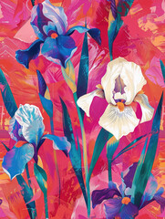 Abstract expressionist painting of irises with a vivid fusion of pink and blue hues creating a dynamic floral scene.
