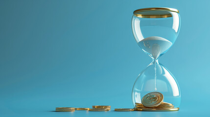 Hourglass containing coins on a blue background concept of money and time, finance, credit, work
