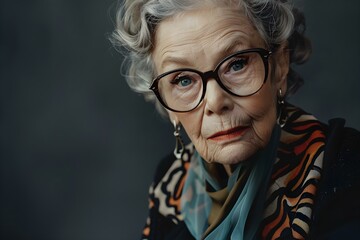 Confident elder woman modeling and making direct eye contact with camera. Concept Elderly Woman, Confident Pose, Direct Eye Contact, Model, Indoor Shoot