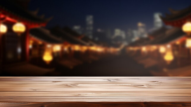 Wooden empty tabletop with night city street at background. Copy space.