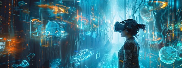 Metaverse technology concept. Links with young woman using a virtual reality headset.Woman with VR virtual reality goggles. Futuristic lifestyle.