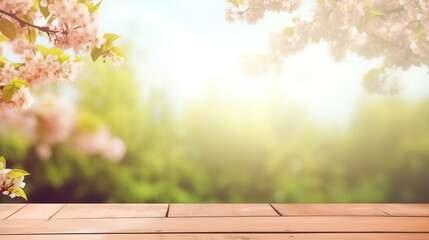 Naklejka na ściany i meble Wooden tabletop in spring garden garden with apple trees blossom. Sunlight flare, copy space