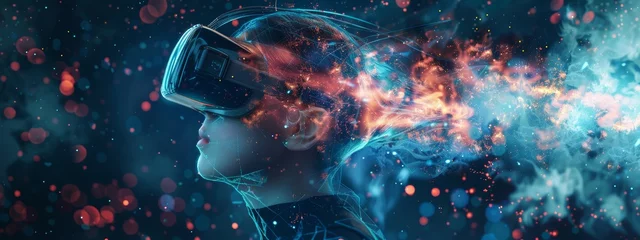 Fotobehang Metaverse technology concept. Links with young woman using a virtual reality headset.Woman with VR virtual reality goggles. Futuristic lifestyle. © Amonthep