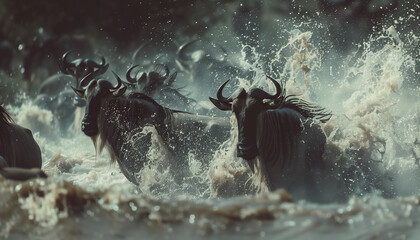 Call of Nature - the Great Wildebeest Migration. Mammal animals herd running crossing African river...