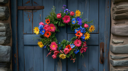 Fototapeta na wymiar A weathered wooden door adorned with a spring flower wreath, set within a charming countryside scene.