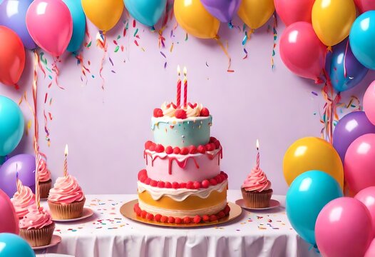 Birthday photo zone. Party celebration background. Balloons and cake