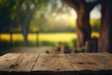 Wooden table with blurred farm background on harvesting season. Flawless . generative ai