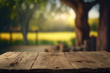  Wooden table with blurred farm background on harvesting season. Flawless . generative ai © Summit Art Creations