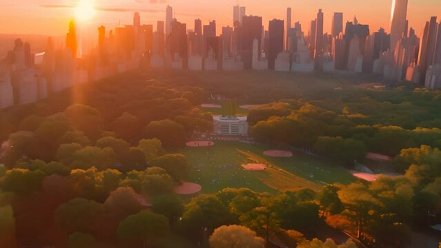 Aerial helicopter photo over central park with nature, trees, people having picnic and resting on a field around skyscrapers cityscape, beautiful evening with warm sunset light