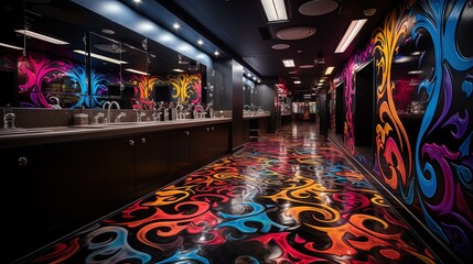 Toilet Tales: Dive into the eclectic world of a club restroom, where anime characters and graffiti - obrazy, fototapety, plakaty