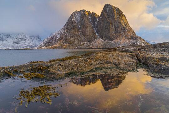 Panoramic View of the fjords landscape in wintertime on Lofoten islands, Scandinavia, Norway.