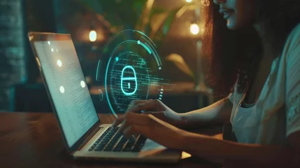 Fotobehang woman use Laptop with interface of padlock and cloud computing technology,cybersecurity concept, user privacy security and encryption. © Amonthep