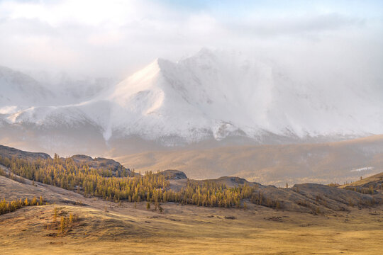 View of a beautiful valley landscape in autumn colours with mountains in background, Altai Mountain range, North Altai, Gorny Altai republic, Russia.