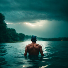 man on a lake watching the storm brewing on a dark and cold day - obrazy, fototapety, plakaty