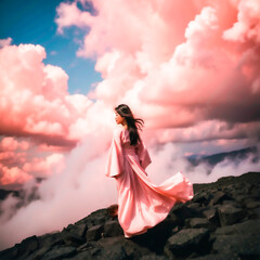Asian woman in a pink kimono on a mountain peak with a sky full of pink clouds