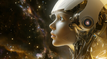 A gentle female robot hovering in the vast void of outer space. Generative AI.