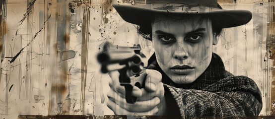a composite featuring a female gangster on rough newsprint aiming her pistol, wanted dead or alive