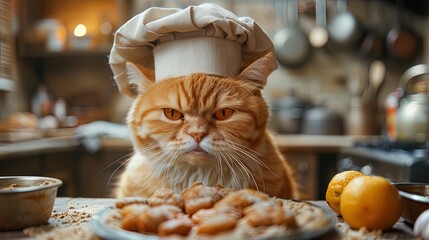 An amusing illustration of a grumpy cat wearing a chef's hat, attempting to cook a meal but making