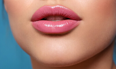 A captivating close-up of a woman’s lips, painted with a vibrant shade of pink lipstick. The image exudes femininity and elegance, capturing the allure of beauty and makeup.