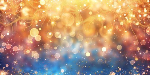 Beautiful Christmas fireworks and gold flakes background, vibrant stage backdrops, light orange and blue, bokeh panorama, digitally enhanced, commission for, whimsical figurative, princesscore. - obrazy, fototapety, plakaty