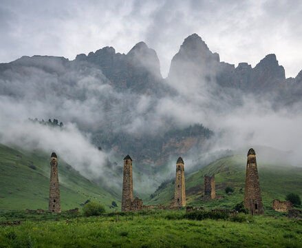 View of a small village with towers in Ingushetia region along Mount Elbrus valley, Karachay-Cherkess, The Caucasus, Russia.