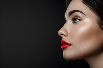 Close-Up Side Profile Image of Woman on Black Background for Plastic Surgery Website. Concept Plastic Surgery, Close-Up Portraits, Profile Shots, Black Background, Website Photo