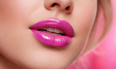 Obraz premium A captivating close-up of a woman’s lips, painted with a vibrant shade of pink lipstick. The image exudes femininity and elegance, capturing the allure of beauty and makeup.